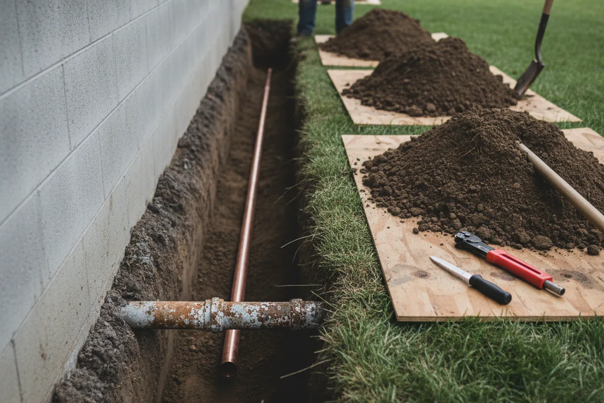 Excavated water line trench during Water Softener Installation in Ely